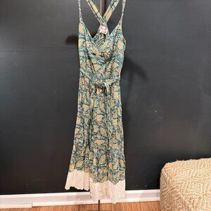 Vintage Free People Green Boho Fan Print Prairie Dress Eyelet Ruffled Hem 8